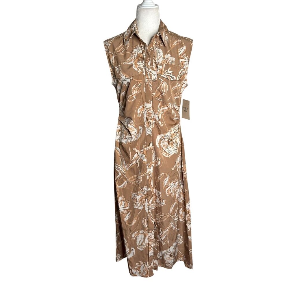 Harlow Rose Floral Sleeveless Shirt Dress Medium Tan Brown Cinch Waist Button Up